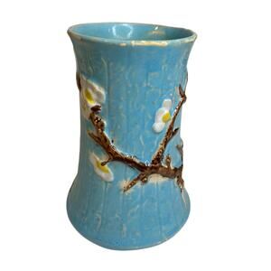 Antique English Majolica Vase Pottery Blue Dogwood 4.75 Inch